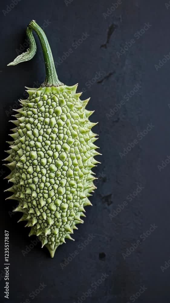 Unique durian fruit hanging against a dark backdrop in a studio setting, showcasing its distinctive textured skin and shape Unique durian fruit hanging against a dark backdrop in a studio setting, showcasing its distinctive textured skin and shape
