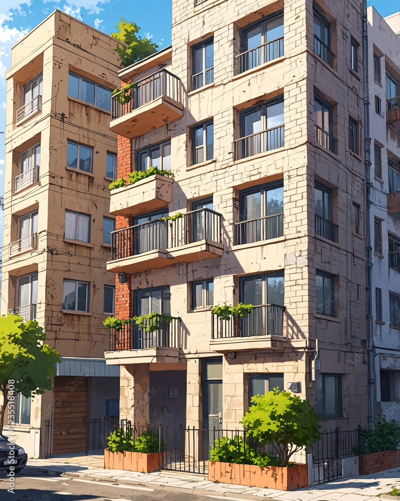 Fototapeta premium Hauntingly Beautiful Anime Art of Classic Apartment Building Left Abandoned in Rustic State Background Illustration Aesthetic