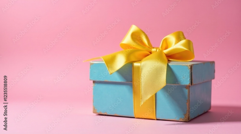 Obraz premium A light blue gift box with a vibrant yellow satin ribbon bow, perfect for a celebratory occasion