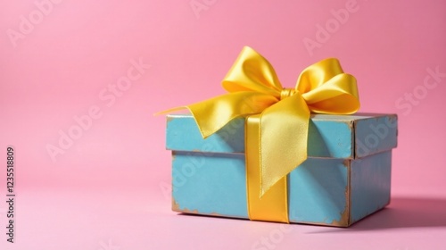 A light blue gift box with a vibrant yellow satin ribbon bow, perfect for a celebratory occasion