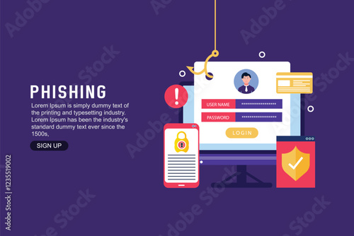 Phishing login and password on fishing hook concept