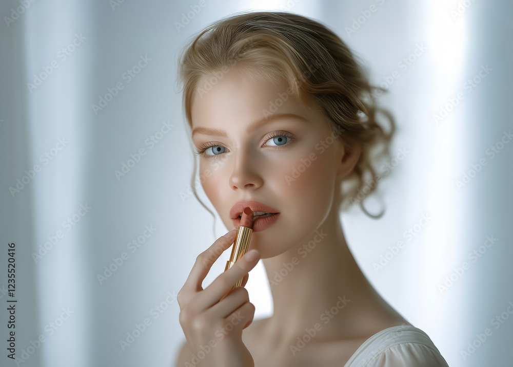 Beautiful european model with flawless skin and blue eyes, elegantly holding a lipstick and applying it to her lips Beautiful european model with flawless skin and blue eyes, elegantly holding a lipstick and applying it to her lips