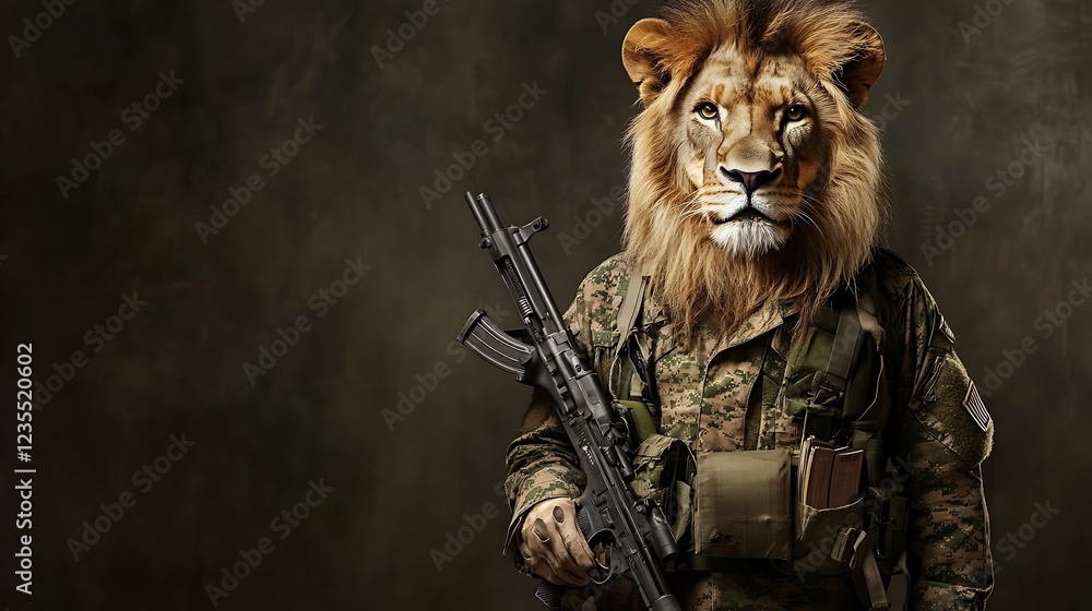 Fierce Lion Warrior in Military Uniform Holding a Rifle with a Powerful Stance in Dramatic Lighting Fierce Lion Warrior in Military Uniform Holding a Rifle with a Powerful Stance in Dramatic Lighting