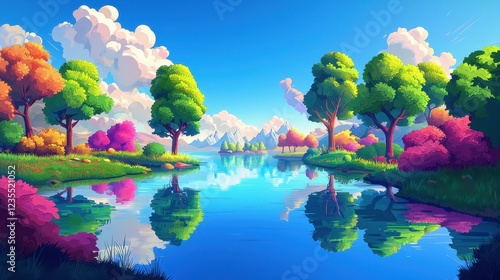 Colorful Trees Reflecting In A Calm Lake With Mountains