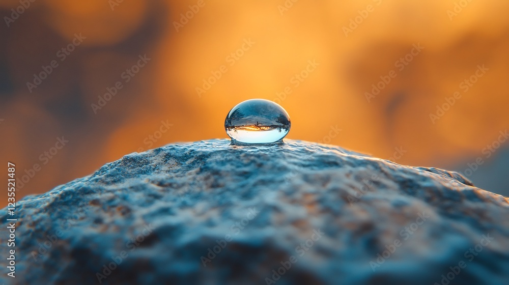 Perfect Waterdrop Perches on Blue Rock Warm Sunset Light. AI Generated Perfect Waterdrop Perches on Blue Rock Warm Sunset Light. AI Generated