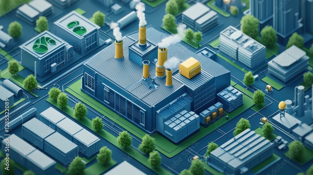 A city with a large factory in the middle A city with a large factory in the middle