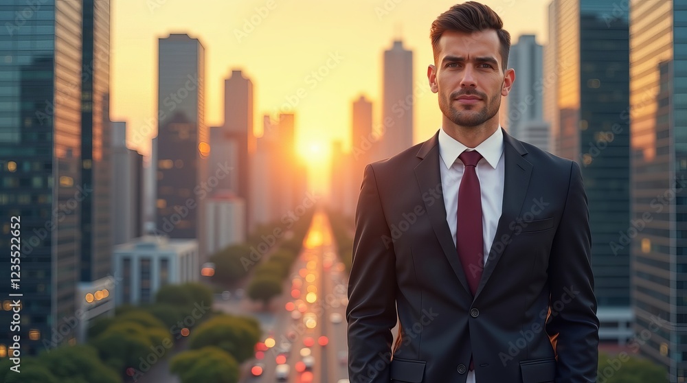 A confident businessman in a suit stands in the city center during sunset, with skyscrapers and traffic in the background. Ideal for business, corporate, and professional themes. A confident businessman in a suit stands in the city center during sunset, with skyscrapers and traffic in the background. Ideal for business, corporate, and professional themes.