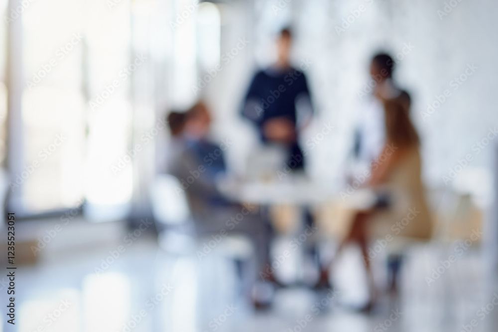 Naklejka premium Teamwork, planning and blur with business people in meeting for discussion, presentation and brainstorming. Professional, workshop and consulting with group of employees in agency for speaker