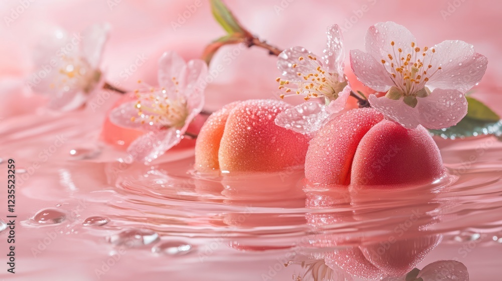 Peaches and blossoms float in pink water; spa, beauty (1) Peaches and blossoms float in pink water; spa, beauty (1)