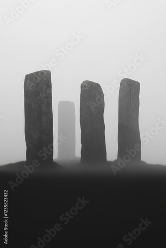 Stonehenge in thick fog, minimalism, mystical. photo