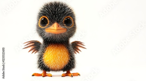 Adorable 3D rendering of a fluffy baby bird with large eyes, standing against a white background.