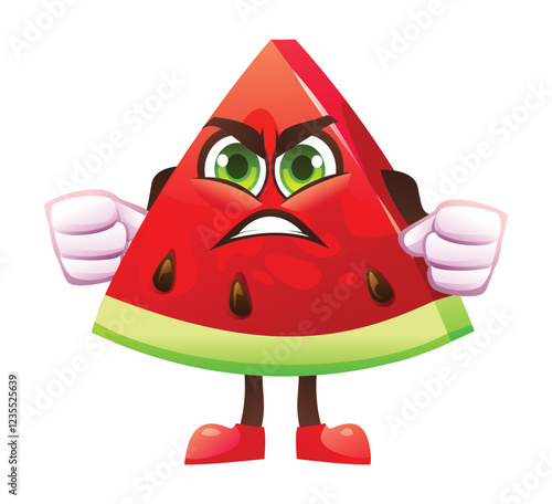 Angry watermelon slice character with clenched fists, expressing frustration. Vector cartoon illustration isolated on white background