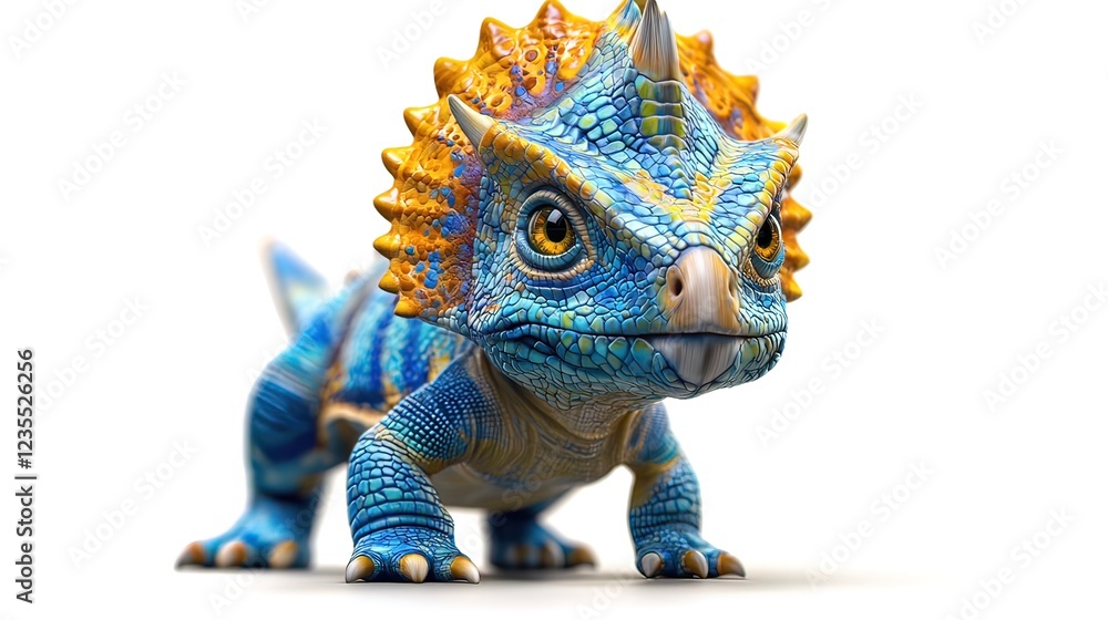Fototapeta premium Colorful, cartoon-like lizard with horns and spikes, isolated on white background.