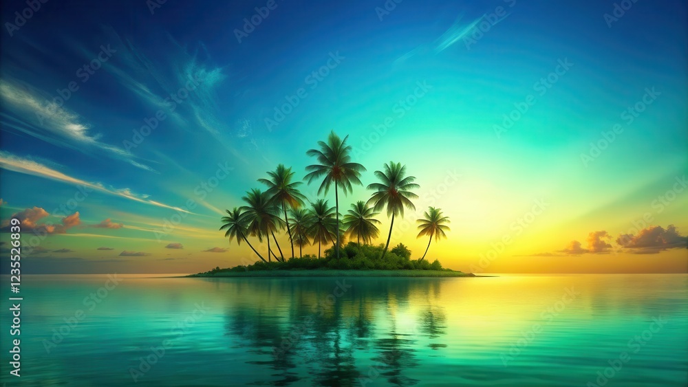 Obraz premium Tropical Island Sunset with Blue and Green Gradient Background, Shades of Turquoise and Lime