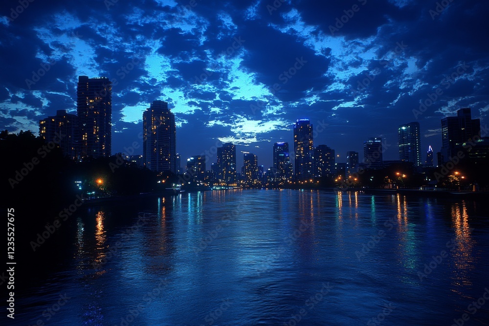 Fototapeta premium Twilight Reflections: Captivating City Skyline Illuminated by Night Lights