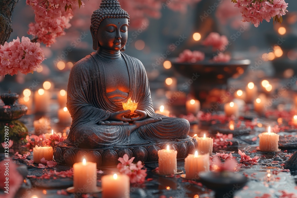 Serene Buddha statue amidst blooming cherry blossoms and candles Serene Buddha statue amidst blooming cherry blossoms and candles