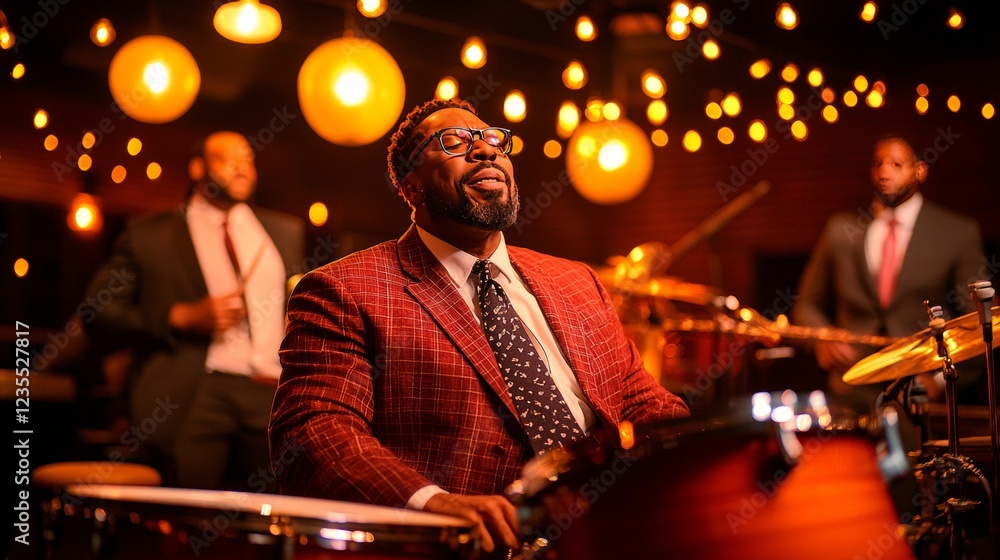 Jazz Drummer in Spotlight: A charismatic male jazz drummer takes center stage, lost in the rhythm as he performs with his band in an intimate, dimly lit club.