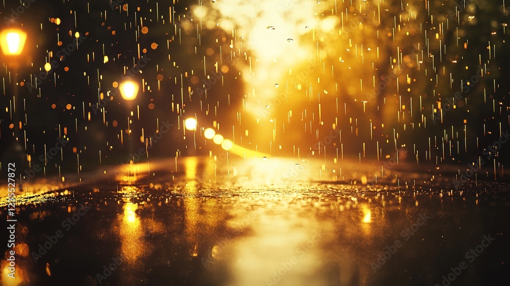 Fototapeta premium Golden Rain: Night Street Reflections