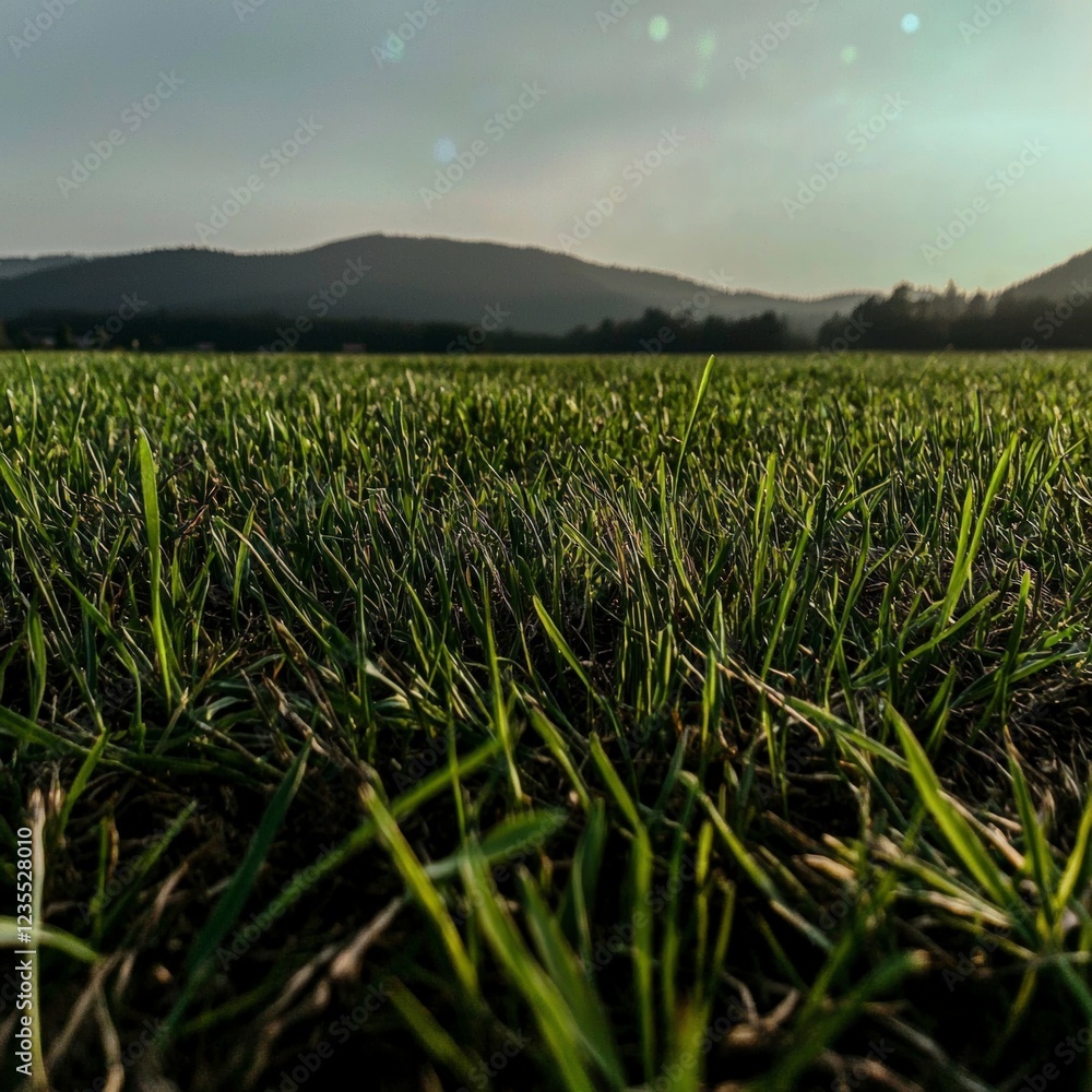 Fototapeta premium Lush Green Spring Meadow Grass Blades Sunny Sky Landscape