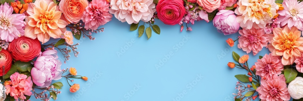 Floral Frame on Blue: A vibrant arrangement of pink, peach, and coral flowers including carnations, ranunculus, and peonies creates a beautiful frame around a blank blue background. Floral Frame on Blue: A vibrant arrangement of pink, peach, and coral flowers including carnations, ranunculus, and peonies creates a beautiful frame around a blank blue background.