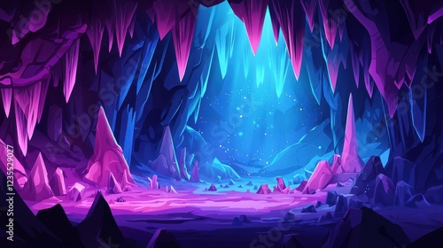 Glowing Crystal Cave with Purple and Blue Formations
