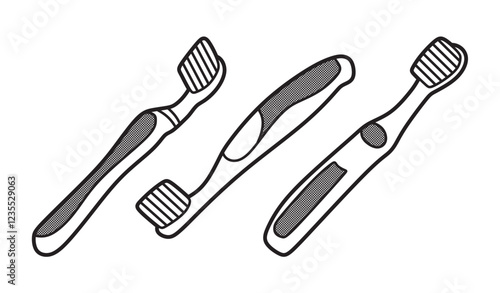 three black and white toothbrush images with line art