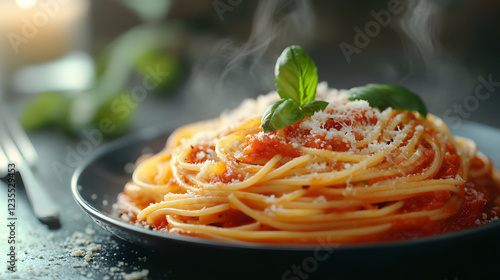 A plate of spaghetti with cheese and basil on top. The plate is on a wooden table. The spaghetti is covered in cheese and basil, and there is a candle in the background