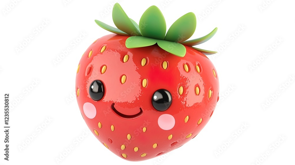 Obraz premium Cute cartoon strawberry with a smiling face, isolated on white background.