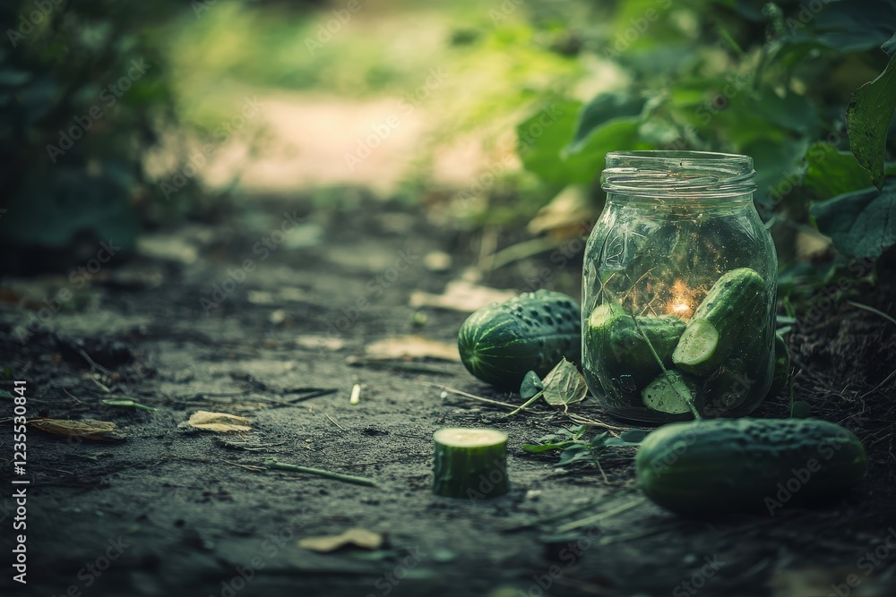 Fototapeta premium Broken Jar of Pickles and Scattered Cucumbers on the Ground