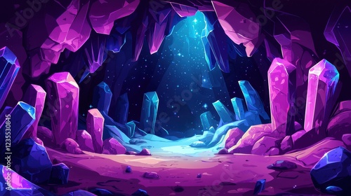 Crystal Cave Glowing With Purple And Blue Gems