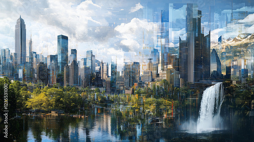 Collage Showcasing an Urban Skyline Reflecting Nature's Beauty in a Vibrant Cityscape. Generative AI