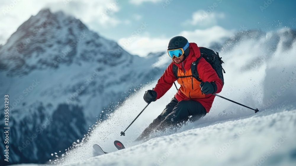 Adventurous Skier in Action on Snowy Mountain Peak Surrounded by Majestic Winter Landscape and Blue Sky Adventurous Skier in Action on Snowy Mountain Peak Surrounded by Majestic Winter Landscape and Blue Sky