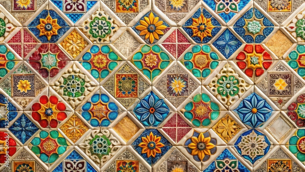 Vibrant colorful tiles in a geometric pattern against a neutral background, wall decor Vibrant colorful tiles in a geometric pattern against a neutral background, wall decor