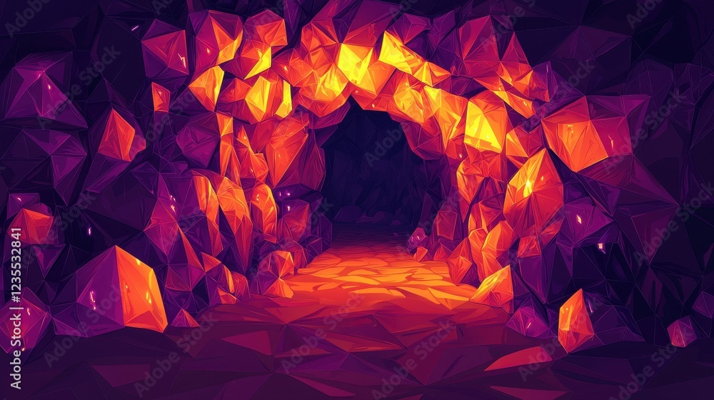Crystal Cave Entrance Glowing Deep Orange and Purple