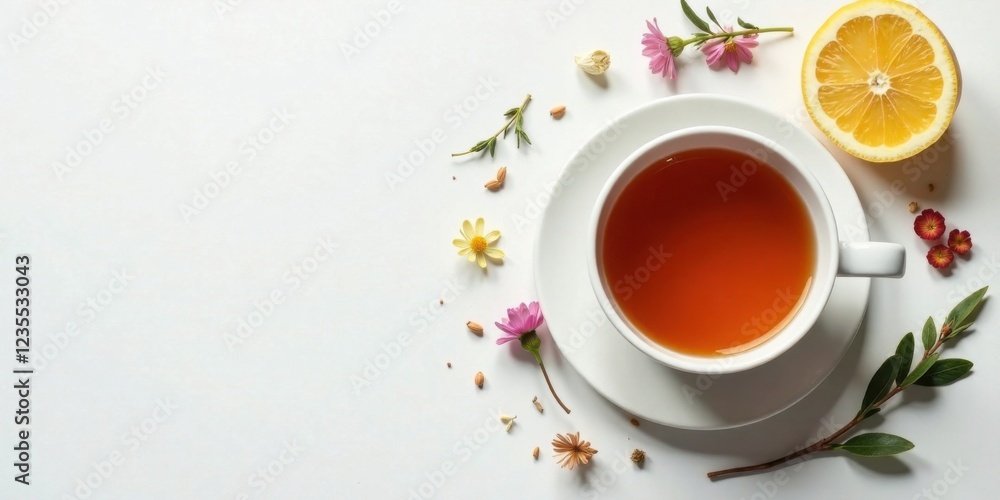 Aromatic Tea Cuppa with Floral Accents and Citrus Slice on White Background Aromatic Tea Cuppa with Floral Accents and Citrus Slice on White Background