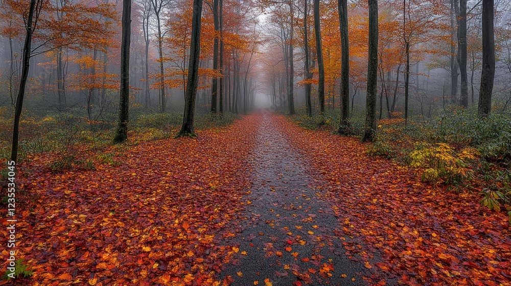 Naklejka premium Misty autumn path through forest with red leaves.
