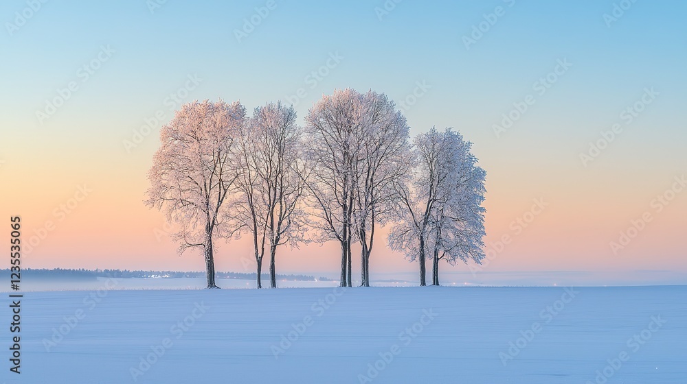 Winter Sunrise, Frosty Trees, Snowy Field Winter Sunrise, Frosty Trees, Snowy Field