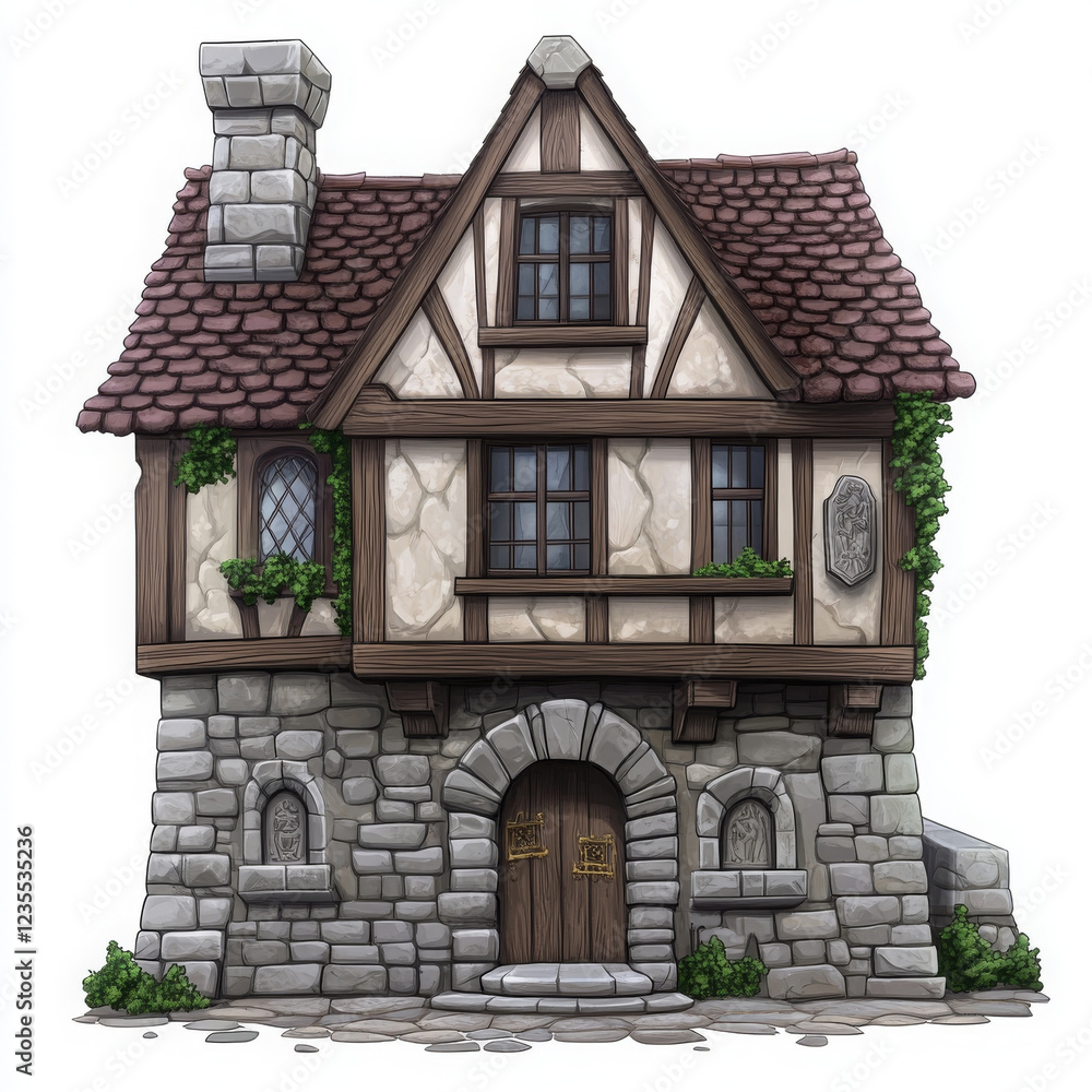 Medieval stone house with wooden accents and charming roof design Medieval stone house with wooden accents and charming roof design
