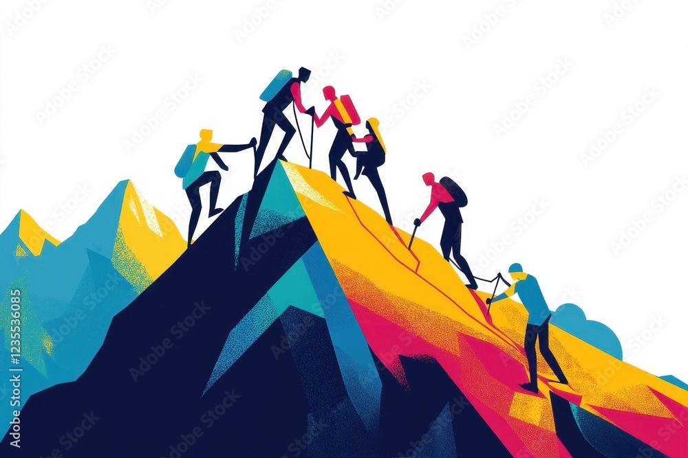 Fototapeta premium Team of climbers ascending a challenging mountain peak
