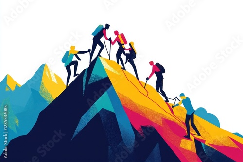 Team of climbers ascending a challenging mountain peak