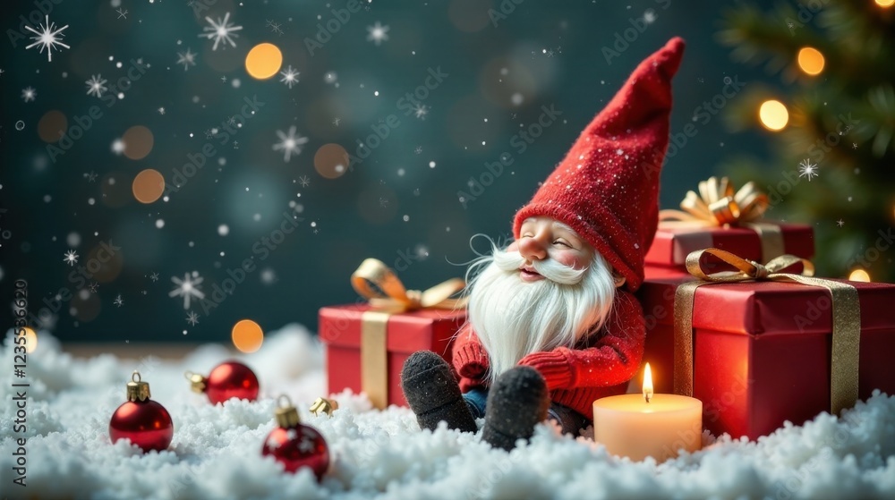 A Festive Gnome Napping Amidst Presents and Snowflakes, Illuminated by a Soft Candlelight Glow A Festive Gnome Napping Amidst Presents and Snowflakes, Illuminated by a Soft Candlelight Glow