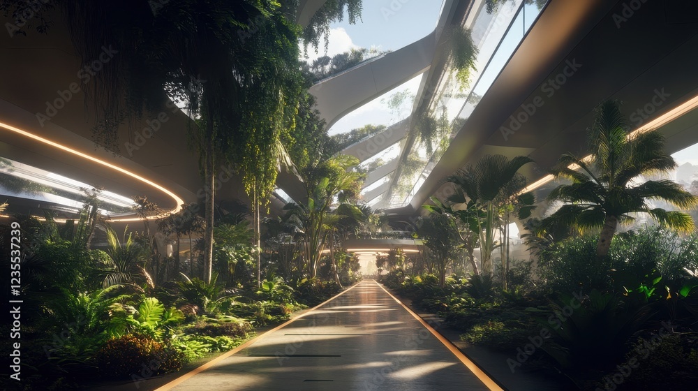 Naklejka premium Lush Indoor Garden with Modern Architecture and Natural Light