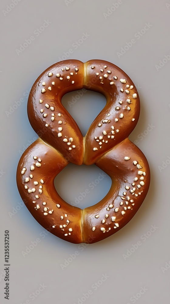 A pretzel shaped like the number eight, showcasing its golden-brown color and salt topping. A pretzel shaped like the number eight, showcasing its golden-brown color and salt topping.