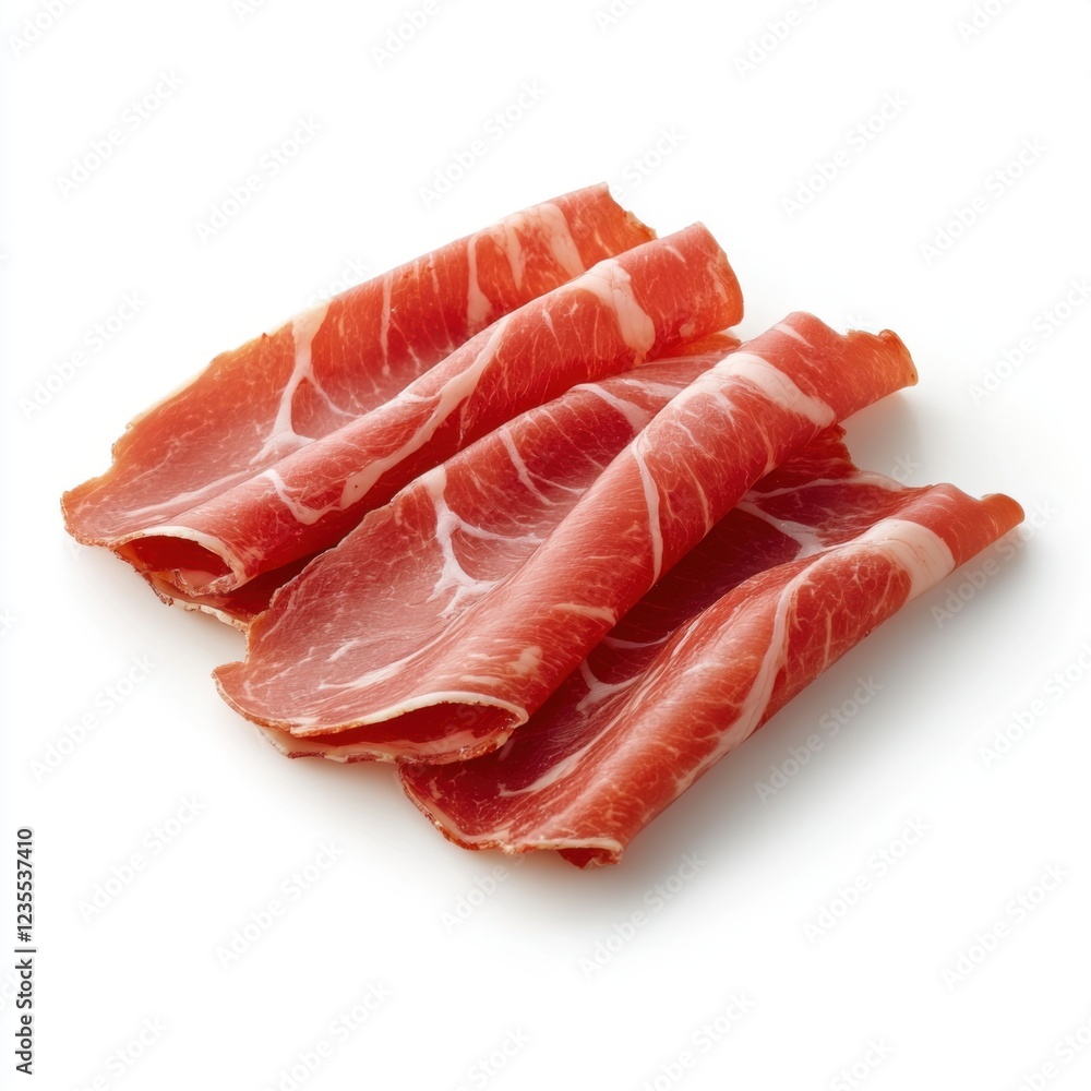 Slices of Delicate Cured Ham on White Background Perfect for Culinary Presentations and Food Photography Slices of Delicate Cured Ham on White Background Perfect for Culinary Presentations and Food Photography