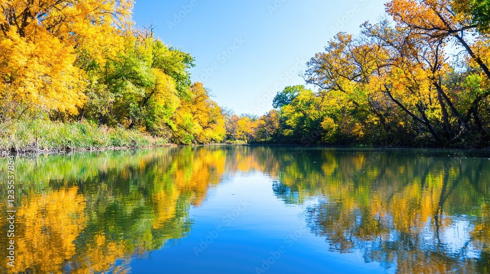 Obraz premium Vibrant autumn trees in yellow and orange hues reflect on the calm surface of a quiet river under a clear blue sky.