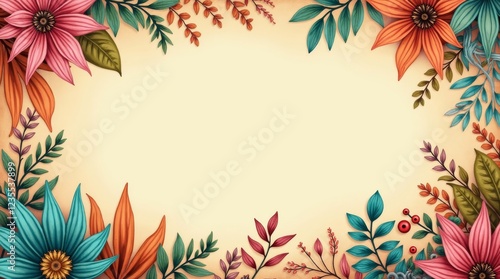 Colorful floral frame with vibrant flowers and leaves in various shades, creating a natural, decorative border. Perfect for invitations, greeting cards, and nature-themed designs. photo