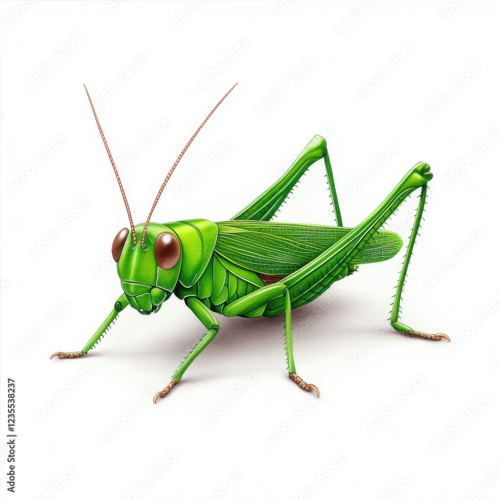 Detailed Illustration of a Vibrant Green Grasshopper Against a Clean White Background Detailed Illustration of a Vibrant Green Grasshopper Against a Clean White Background