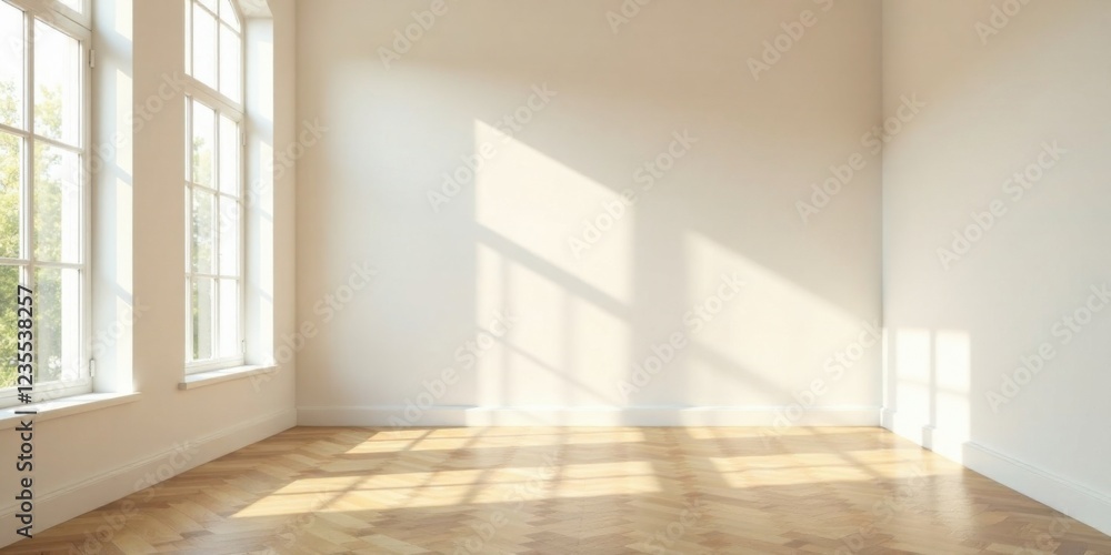 Fototapeta premium Sunlit Empty Room with Hardwood Floor and Large Windows Perfect for Interior Design and Real Estate Marketing