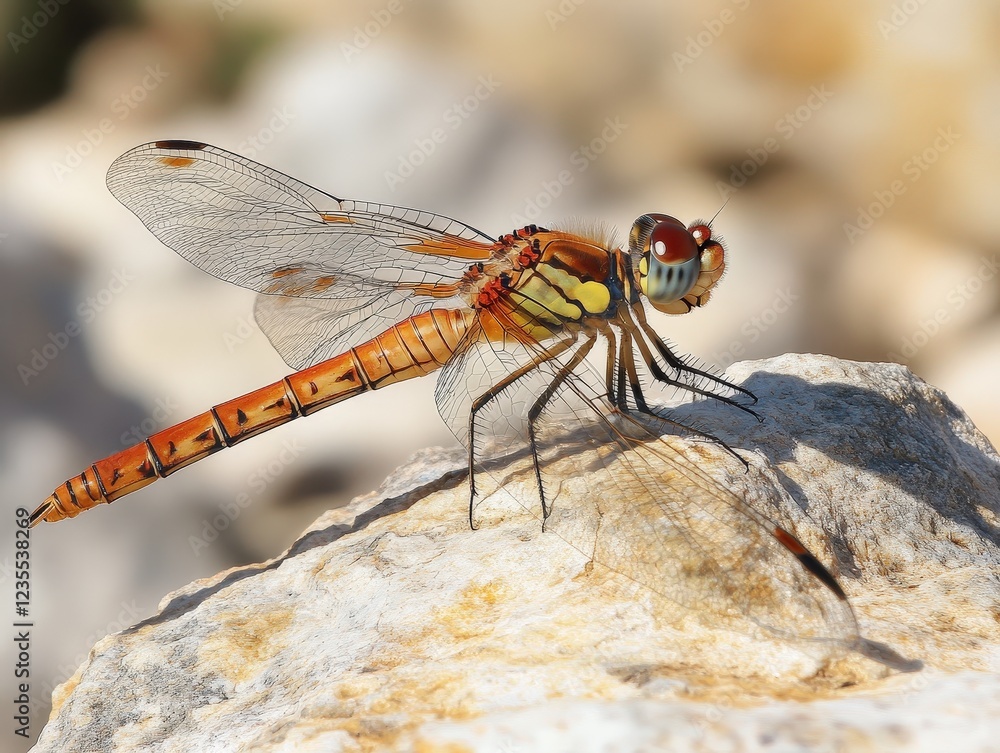 Orange dragonfly perched on a rock in natural sunlight. Orange dragonfly perched on a rock in natural sunlight.