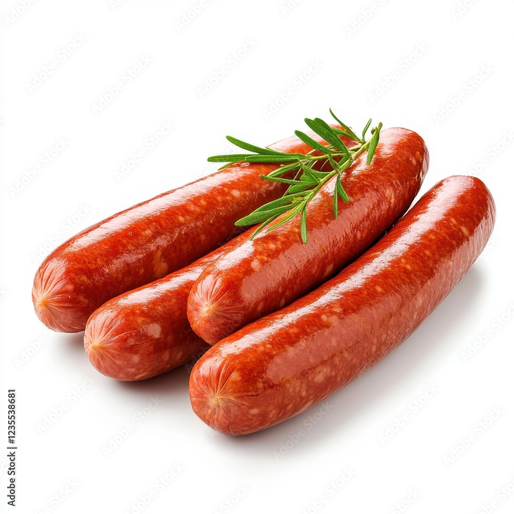 Fresh Juicy Sausages with Green Herb Garnish on White Background for Culinary and Food Photography Fresh Juicy Sausages with Green Herb Garnish on White Background for Culinary and Food Photography